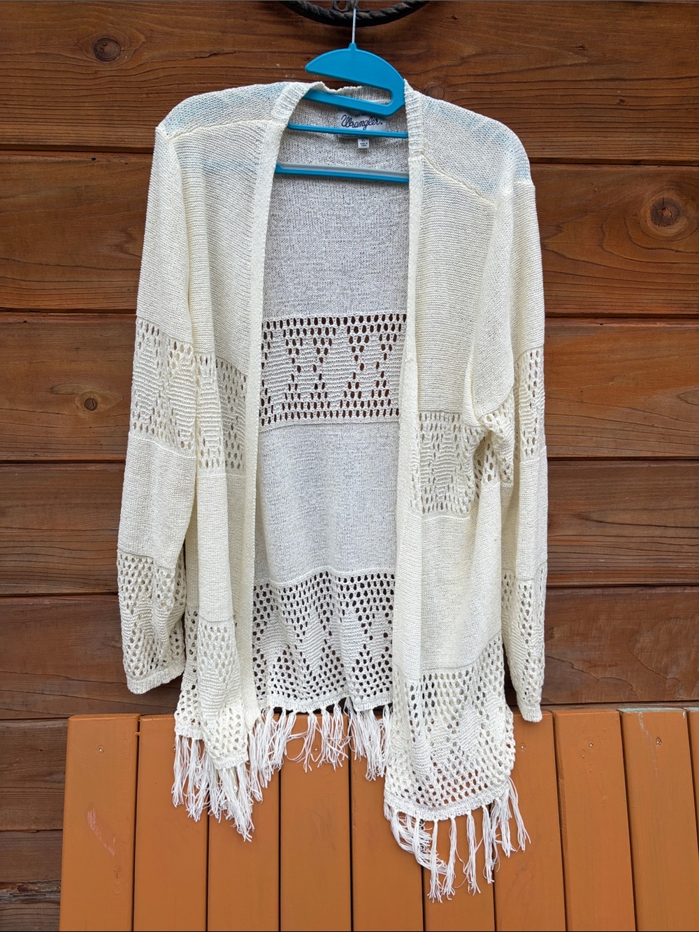 Wrangler Cream Crochet Fringe Open Cardigan